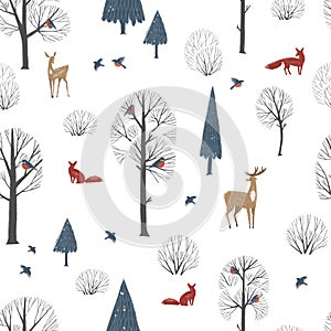 Seamless pattern with winter forest animals and trees. Winter lanscape.