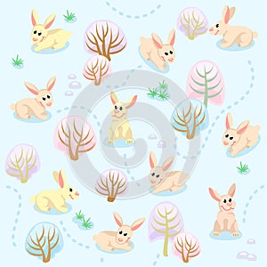 Seamless pattern of winter forest with rabbits between trees