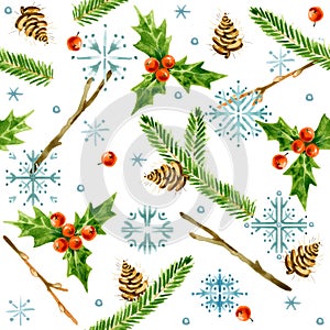 Seamless pattern with winter forest and snowflake. Watercolor winter forest background. Christmas tree pattern.