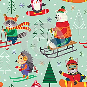 Seamless pattern winter fun with animals on sled, ski, snowboard