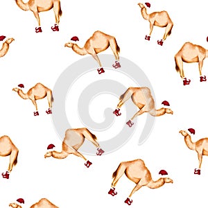 Seamless pattern with winter happy camel in Santa hat and shoes. Christmas design for cards, backgrounds, fabric, wrapping paper.