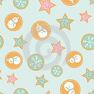 Seamless pattern of winter holiday cookies with snowmen, snowflakes, and stars a mint green background.