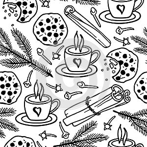 Seamless pattern with Winter holiday doodle. Cozy Winter, hot drink and cake, spices and Christmas tree branches. Black