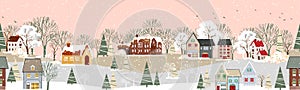 Seamless pattern Winter landscape at night in countryside background,Vector endless horizontal banner winter wonderland with house