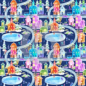 Seamless pattern with winter night city,road,park and lake.