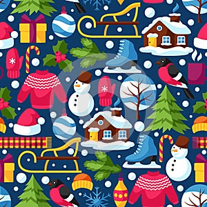 Seamless pattern with winter objects. Merry Christmas, Happy New Year holiday items and symbols