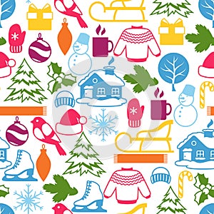 Seamless pattern with winter objects. Merry Christmas, Happy New Year holiday items and symbols