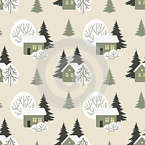 Seamless pattern, winter rural landscape with houses in the snow, fir trees and trees. Print vector