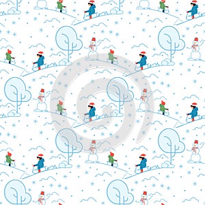 Seamless Pattern Winter Snowfall and Kids Sledding