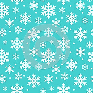 Seamless pattern of winter snowflakes, vector background. Repeated texture, surface, wrapping paper. Cute blue snow