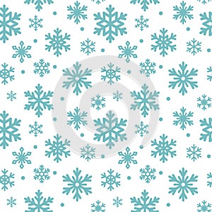 Seamless pattern of winter snowflakes, vector background. Repeated texture, surface, wrapping paper. Cute blue snow