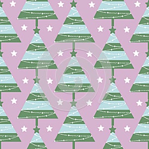 Seamless pattern for the winter theme of Christmas and New Year. New Year tree decorated with festive toys - balls, garlands and s