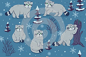 Seamless pattern with winter wild cats. Vector graphics
