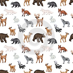 Seamless pattern of winter woodland animals, forest cute characters print