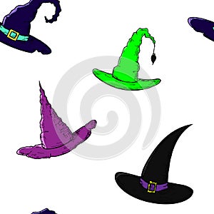 Seamless pattern of witch hats. Vector cartoon background. Hand-drawn.