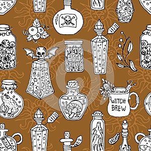 Seamless pattern with witch magic bottles and brew drink with potion