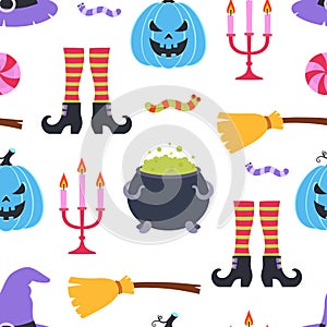 seamless pattern witch pumpkin and broom