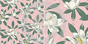 Seamless pattern of withe magnolia flowers and green leaves on pink background