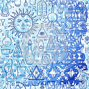 Seamless pattern withs alchemical signs and ethnic pattern on ba