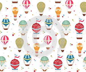Seamless pattern witn vintage hot air balloons with ribbons, flags and confetti dots on white background. Wallpaper with retro air