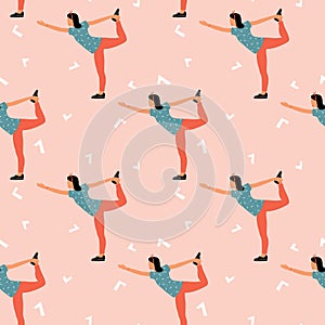 Seamless pattern with woman doing yoga at home. Illustration with Natarajasana, dancing Shiva pose