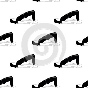 Seamless pattern with woman doing yoga at home. Illustration with pose Bridge Pose, Setu Bandha Sarvangasana