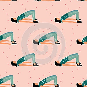 Seamless pattern with woman doing yoga at home. Illustration with pose Bridge Pose, Setu Bandha Sarvangasana