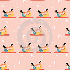 Seamless pattern with woman doing yoga at home. Illustration with pose Dhanurasana, Bow Pose