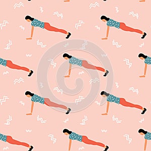 Seamless pattern with woman doing yoga at home. Illustration with pose Plank, Chaturanga Dandasana, Four-Limbed Staff Pose