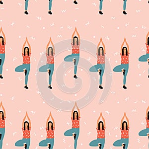 Seamless pattern with woman doing yoga at home. Illustration with pose Tree Pose, Vrikshasana