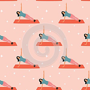 Seamless pattern with woman doing yoga at home. Illustration with side plank, Vasishthasana
