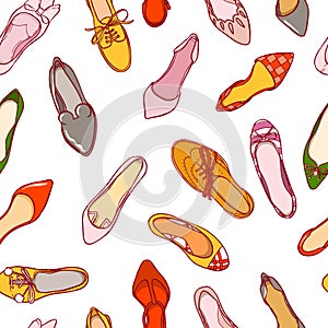 Seamless pattern of woman shoes. Vector colorful background of footwear collection