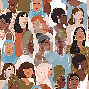 Seamless pattern with women different nationalities and cultures. Girl power, struggle for equality, feminism, sisterhood concept.