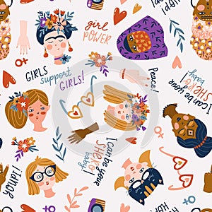 Seamless pattern - women of different nationalities and religions, International women day, girl protest. Cute and funny girls.