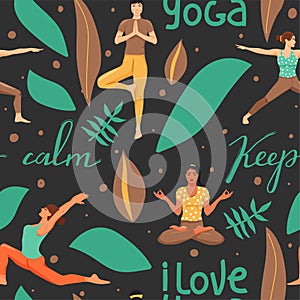 Seamless pattern with women in different yoga poses. Healthy lifestyle and yoga concept.