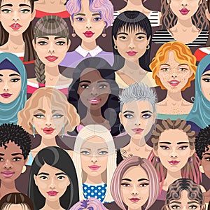 Seamless pattern with women faces