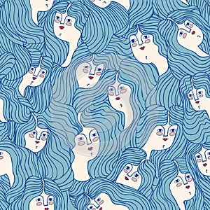 Seamless pattern with women with long hair in Scandinavian style