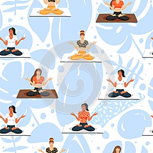 Seamless pattern with women in lotus yoga poses. Healthy lifestyle and yoga concept.