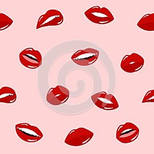 Seamless pattern of women's lips with glossy red lipstick on a pink background