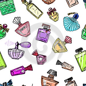 Seamless pattern Women`s perfume in a bottle. Beautiful fashionable glass accessory. Hand Drawn Sketch. Vintage style.