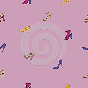 Seamless pattern with women`s shoes on a pink background.