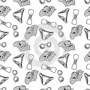 Seamless pattern with women`s summer equipment for beach, suntanning, rest. Swimsuit, sunglasses, straw hat on white background.