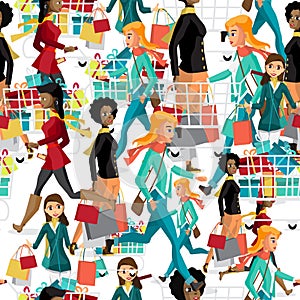 Seamless pattern women with shopping bags on Black Friday.