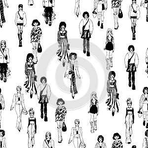 Seamless pattern. Women in trendy clothes. Defile sketch.