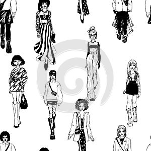 Seamless pattern. Women in trendy clothes. Defile sketch.