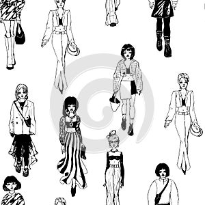 Seamless pattern. Women in trendy clothes. Defile sketch.