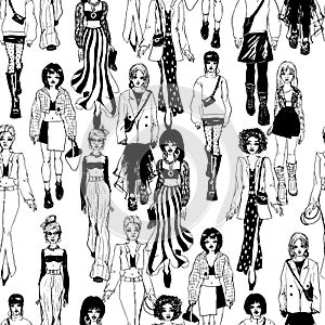 Seamless pattern. Women in trendy clothes. Defile sketch.