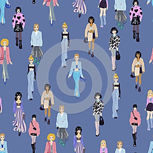 Seamless pattern. Women in trendy clothes. Fashion illustration.