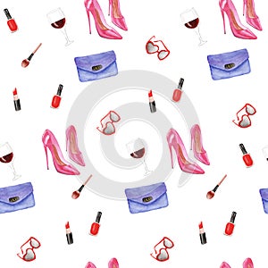 seamless pattern from Womens elegant accessories in watercolor. Various high-heeled shoes, blue clutch, cosmetic bag, lipstick,