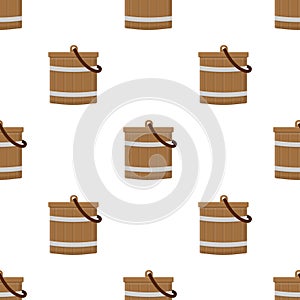 Seamless pattern with wooden bucket empty or with water on white background. Cartoon style. Vector illustration for design, web,